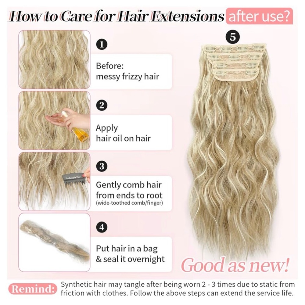 Beach Blonde Hair Extension Clip in Synthetic Highlight Long Wavy 4PCS Thick 20” - Picture 8 of 10